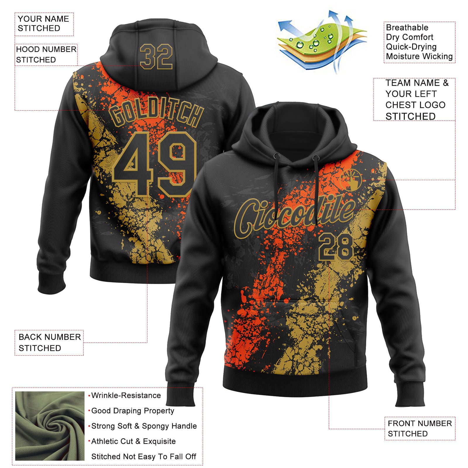 Custom Stitched Black Orange-Old Gold Splash Sports Pullover Sweatshirt Hoodie