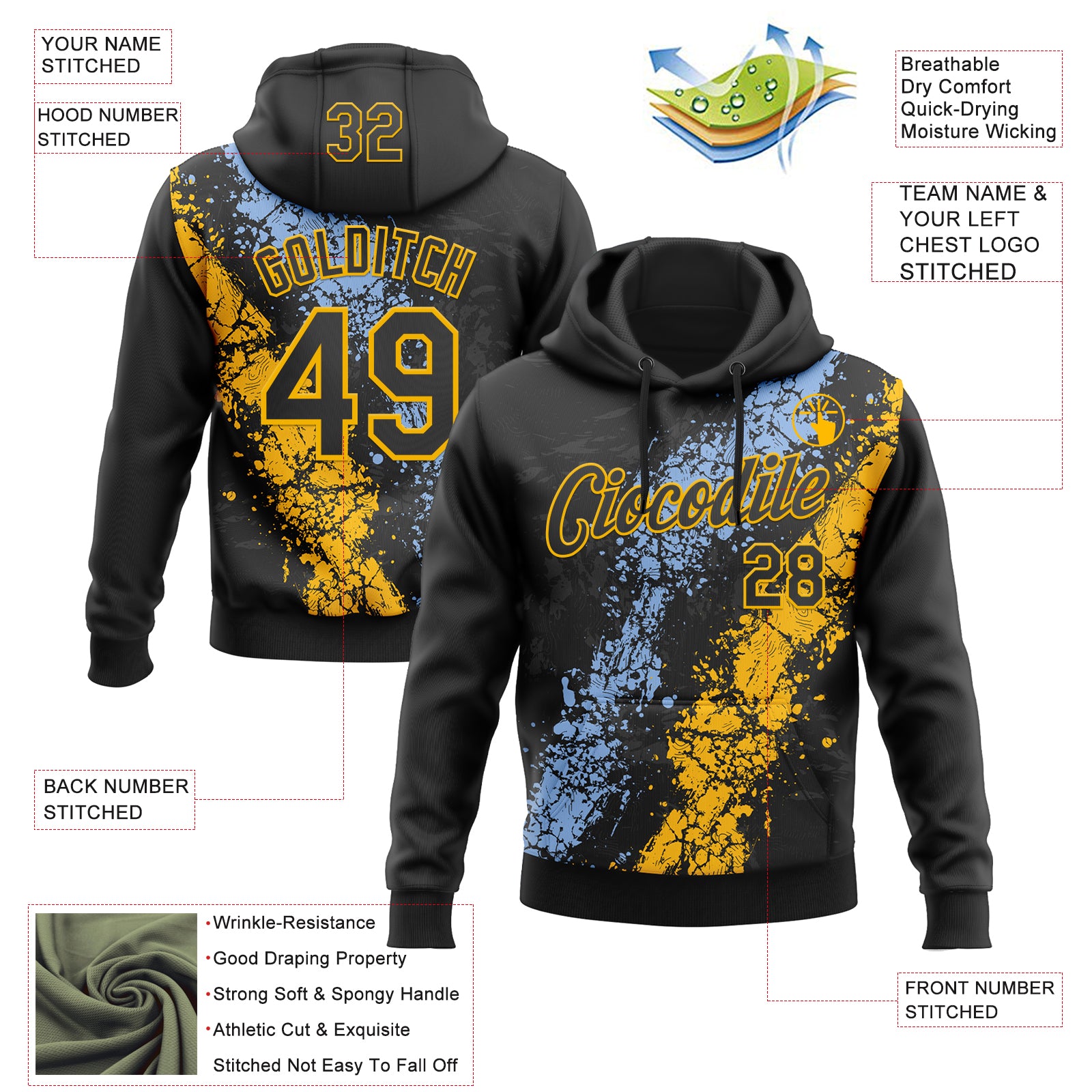 Custom Stitched Black Light Blue-Gold Splash Sports Pullover Sweatshirt Hoodie