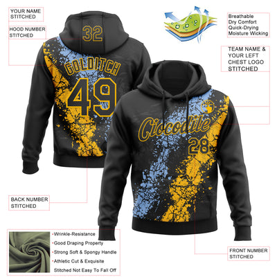 Custom Stitched Black Light Blue-Gold Splash Sports Pullover Sweatshirt Hoodie