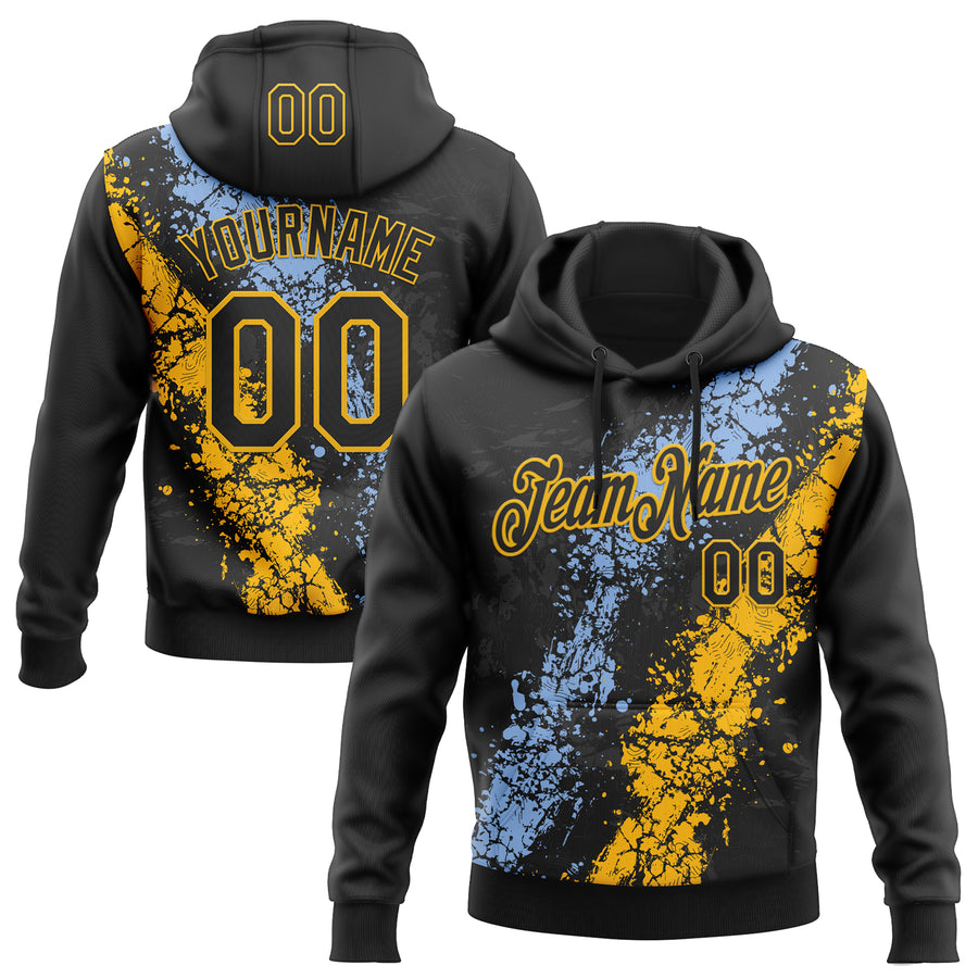 Custom Stitched Black Light Blue-Gold Splash Sports Pullover Sweatshirt Hoodie