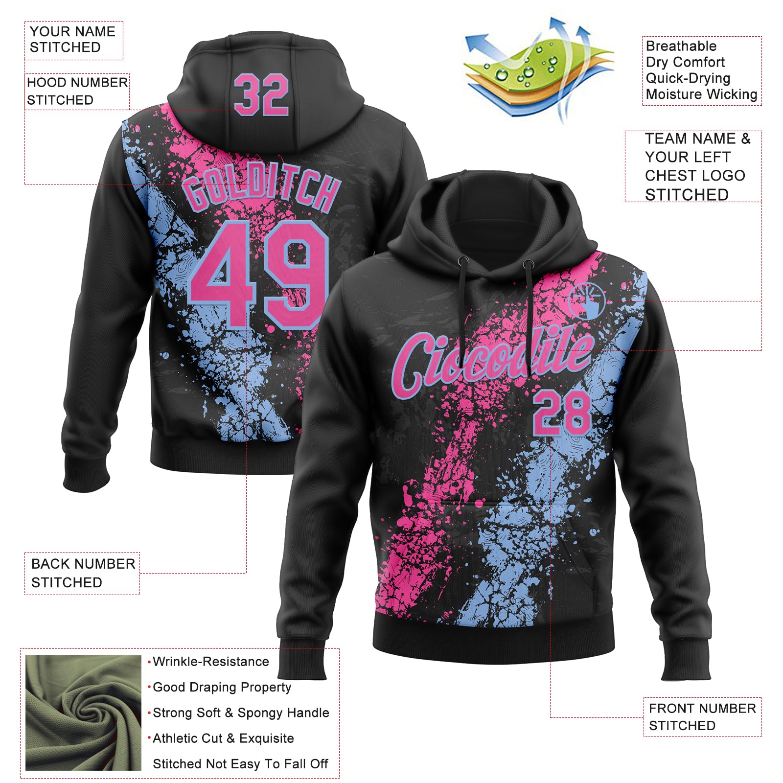 Custom Stitched Black Pink-Light Blue Splash Sports Pullover Sweatshirt Hoodie