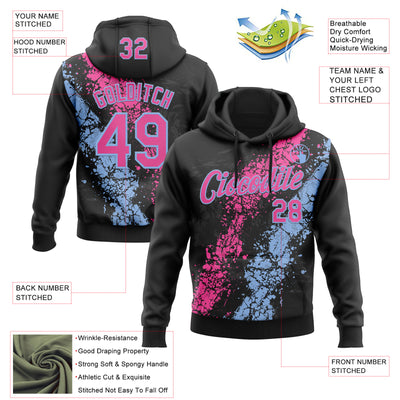 Custom Stitched Black Pink-Light Blue Splash Sports Pullover Sweatshirt Hoodie