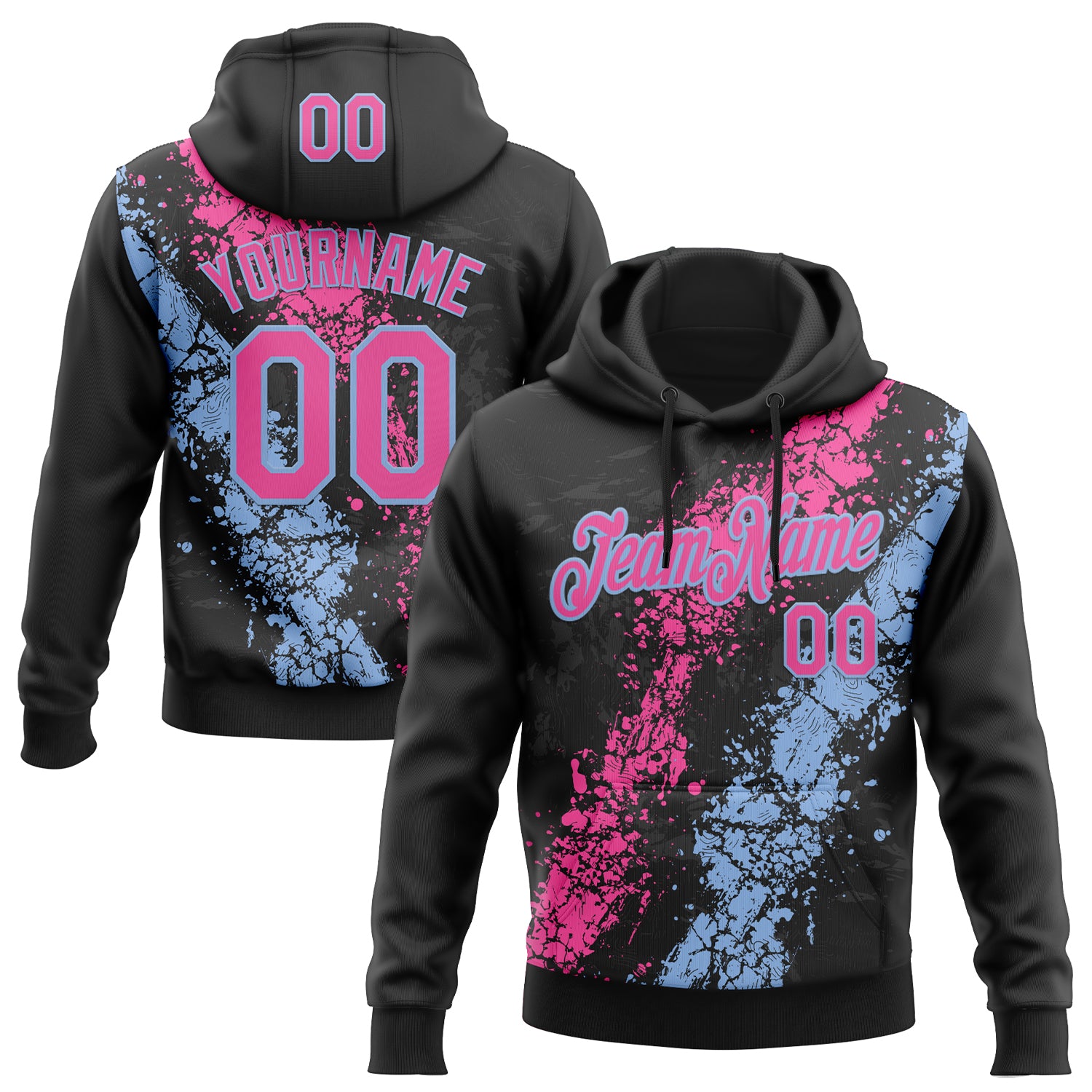 Custom Stitched Black Pink-Light Blue Splash Sports Pullover Sweatshirt Hoodie