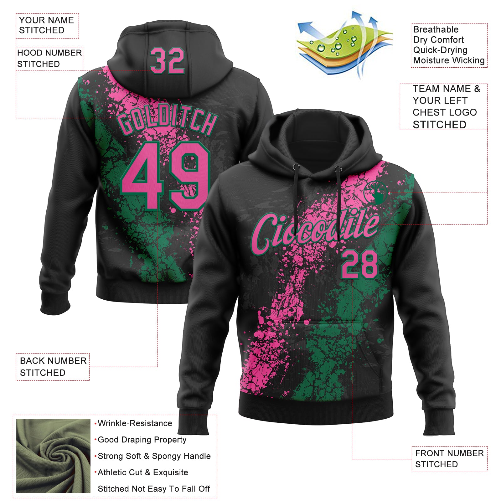 Custom Stitched Black Pink-Kelly Green Splash Sports Pullover Sweatshirt Hoodie