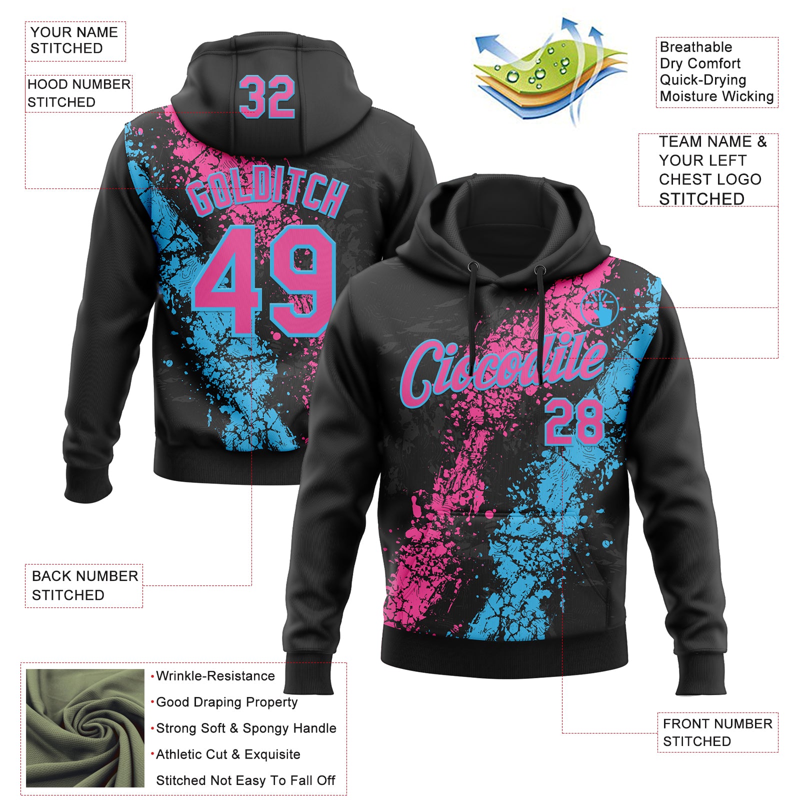 Custom Stitched Black Pink-Sky Blue Splash Sports Pullover Sweatshirt Hoodie