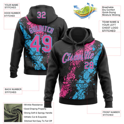 Custom Stitched Black Pink-Sky Blue Splash Sports Pullover Sweatshirt Hoodie