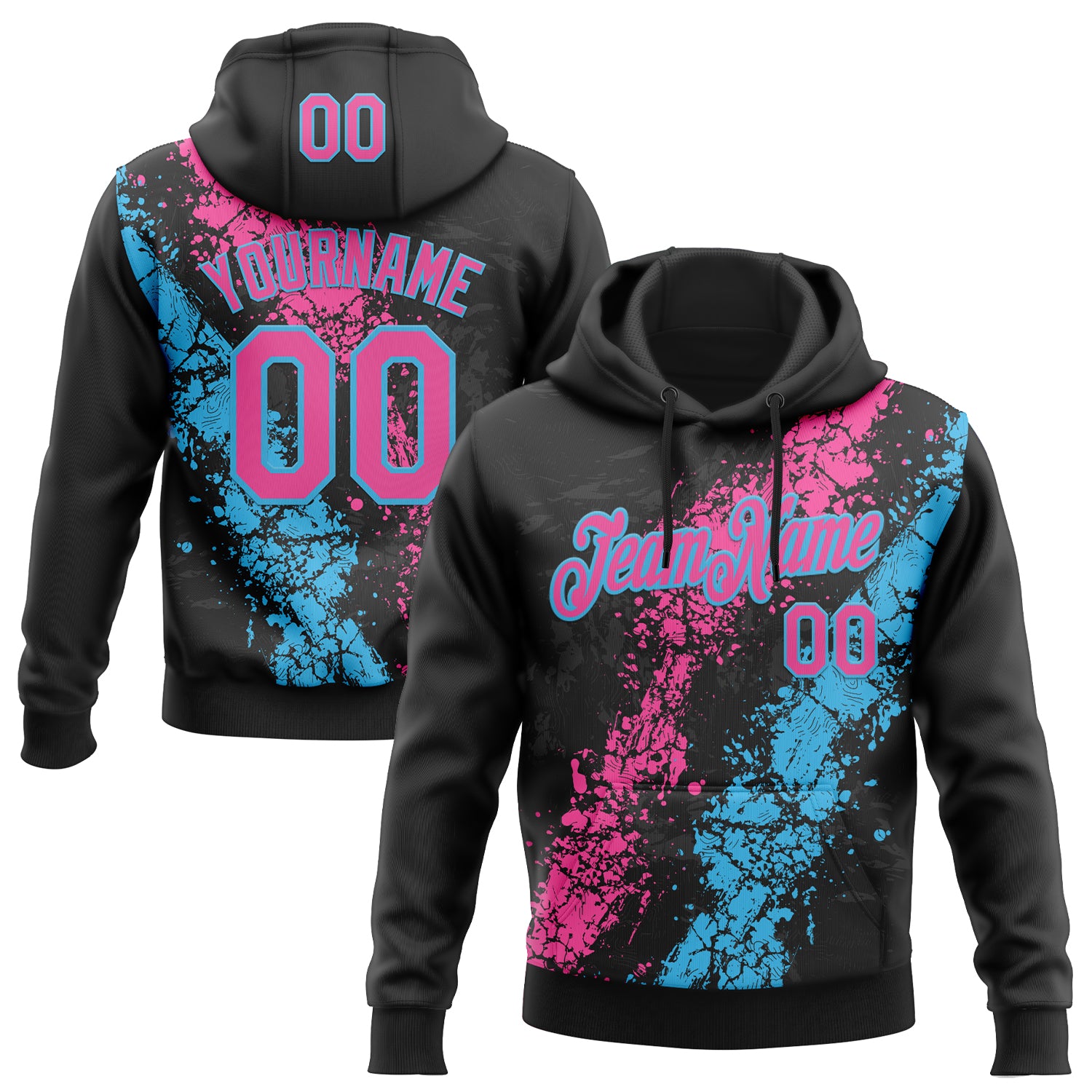 Custom Stitched Black Pink-Sky Blue Splash Sports Pullover Sweatshirt Hoodie
