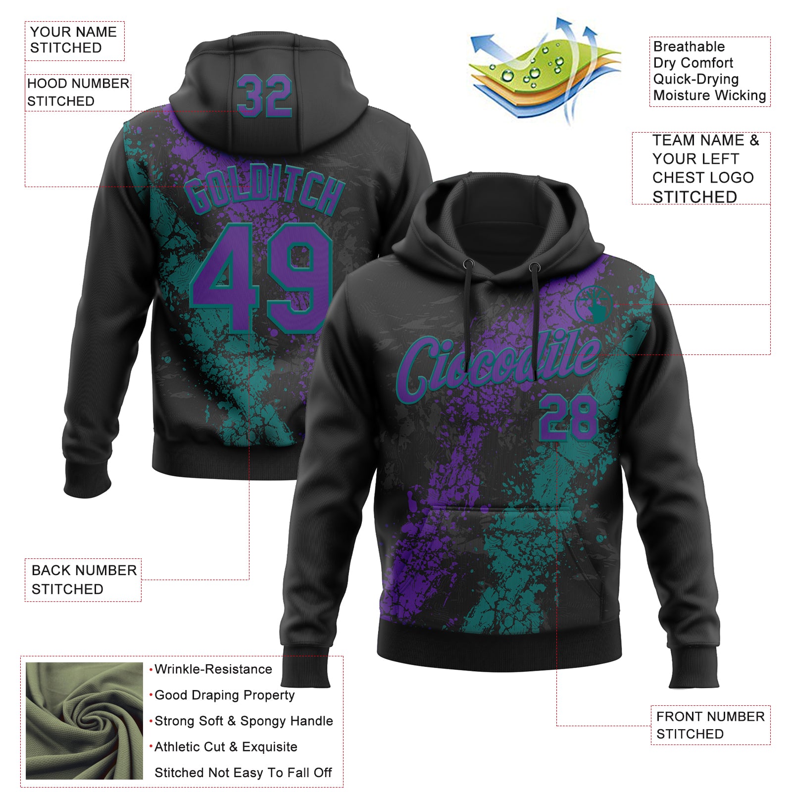 Custom Stitched Black Purple-Teal Splash Sports Pullover Sweatshirt Hoodie