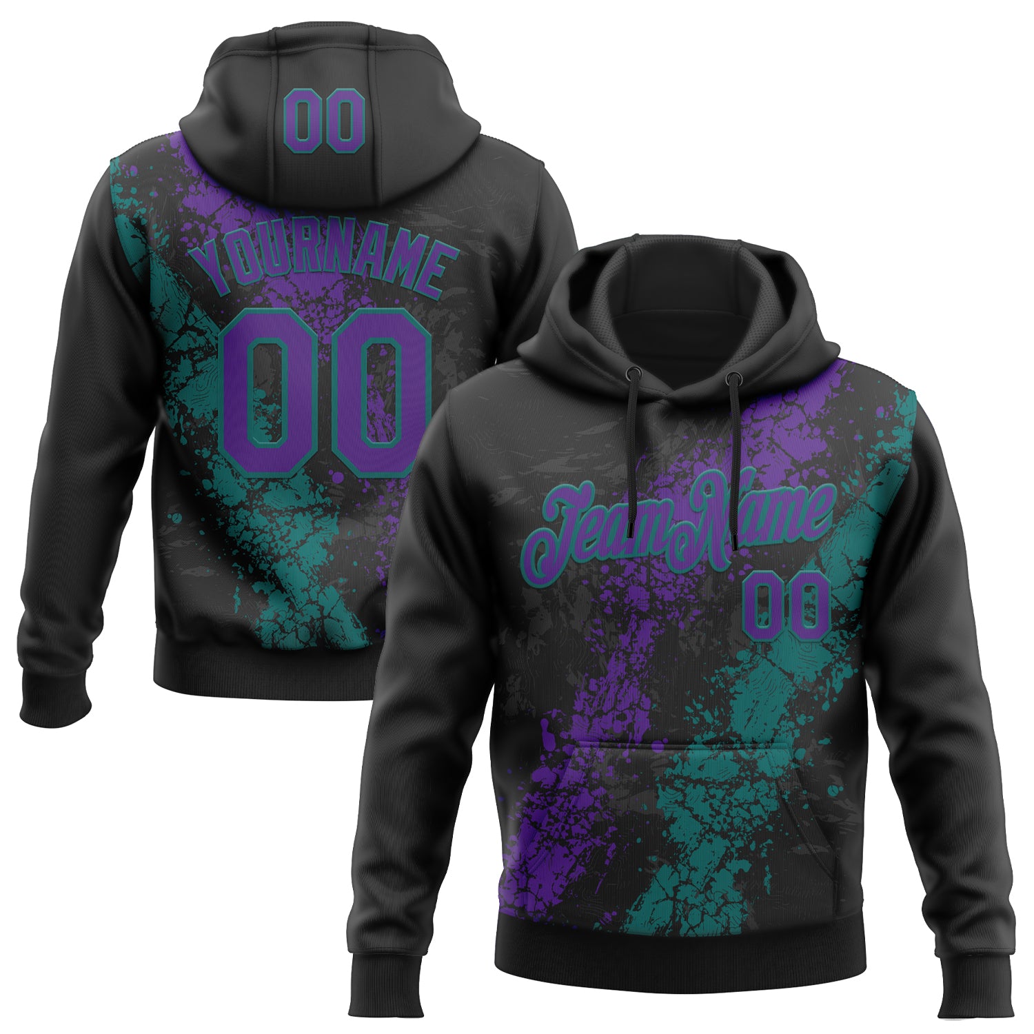 Custom Stitched Black Purple-Teal Splash Sports Pullover Sweatshirt Hoodie