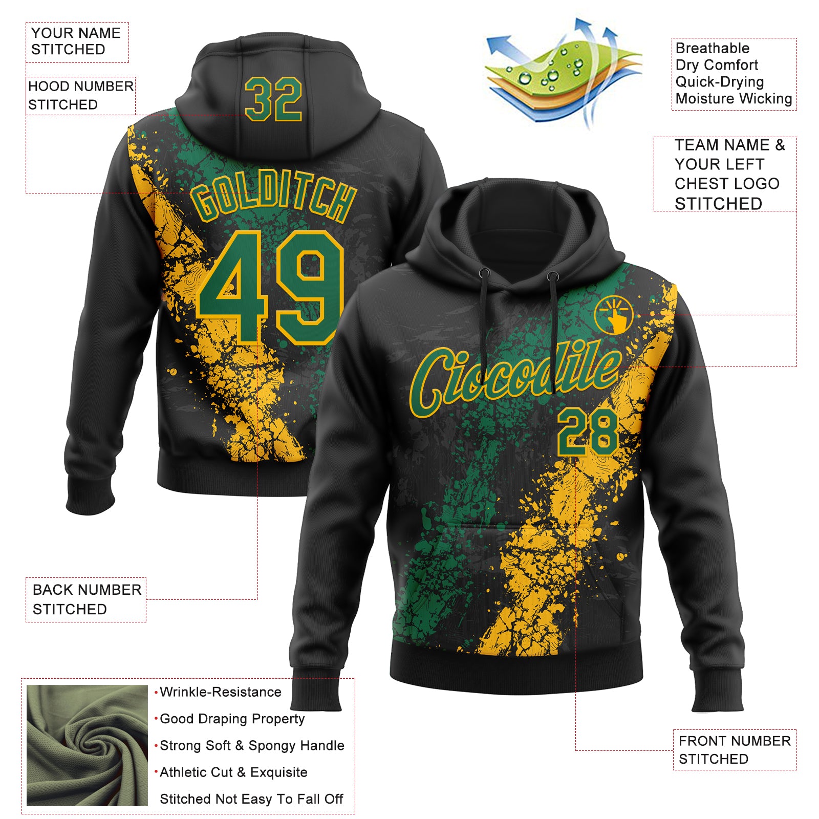 Custom Stitched Black Kelly Green-Gold Splash Sports Pullover Sweatshirt Hoodie