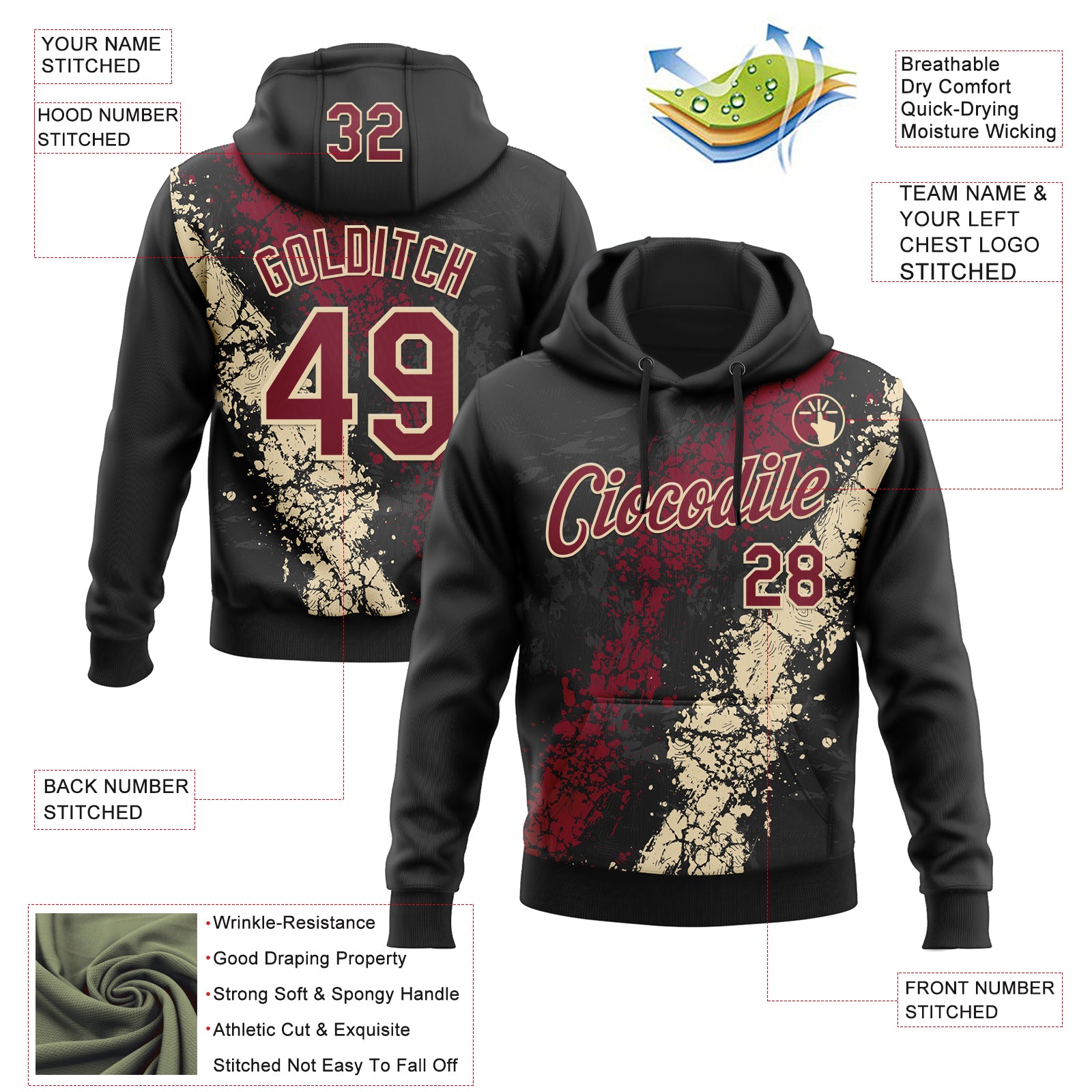 Custom Stitched Black Crimson-Cream Splash Sports Pullover Sweatshirt Hoodie
