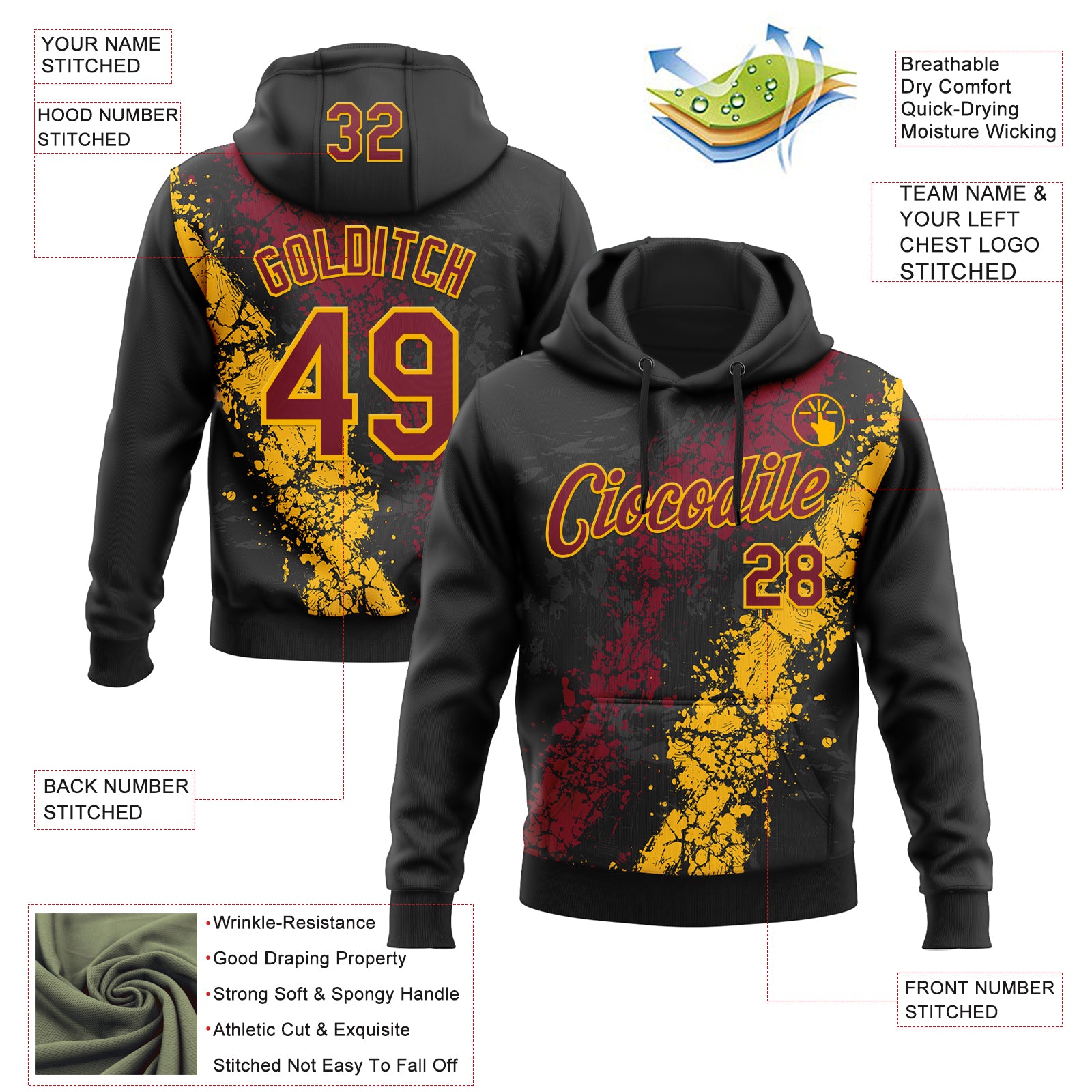 Custom Stitched Black Crimson-Gold Splash Sports Pullover Sweatshirt Hoodie