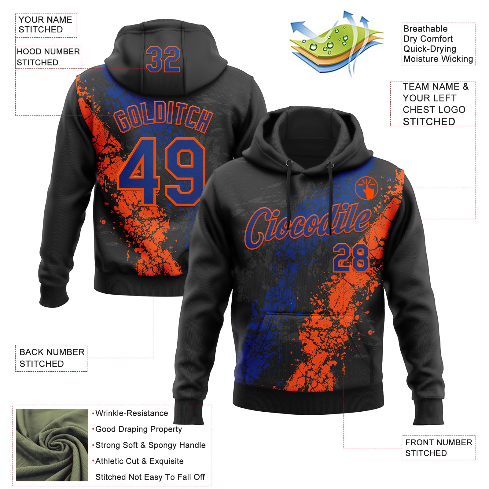 Custom Stitched Black Royal-Orange Splash Sports Pullover Sweatshirt Hoodie