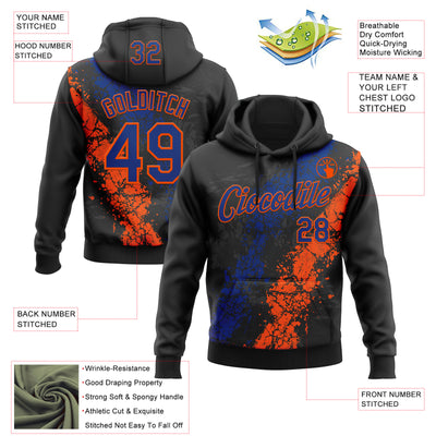Custom Stitched Black Royal-Orange Splash Sports Pullover Sweatshirt Hoodie