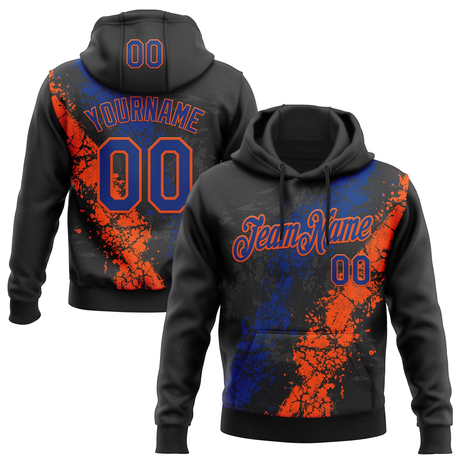 Custom Stitched Black Royal-Orange Splash Sports Pullover Sweatshirt Hoodie