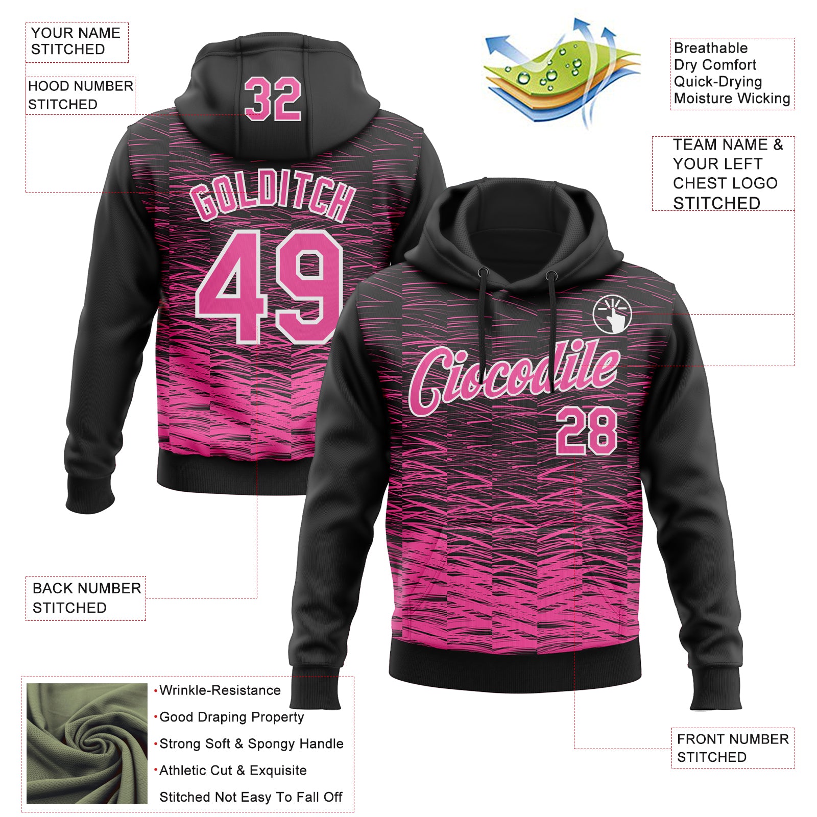 Custom Stitched Black Pink-White Line Sports Pullover Sweatshirt Hoodie