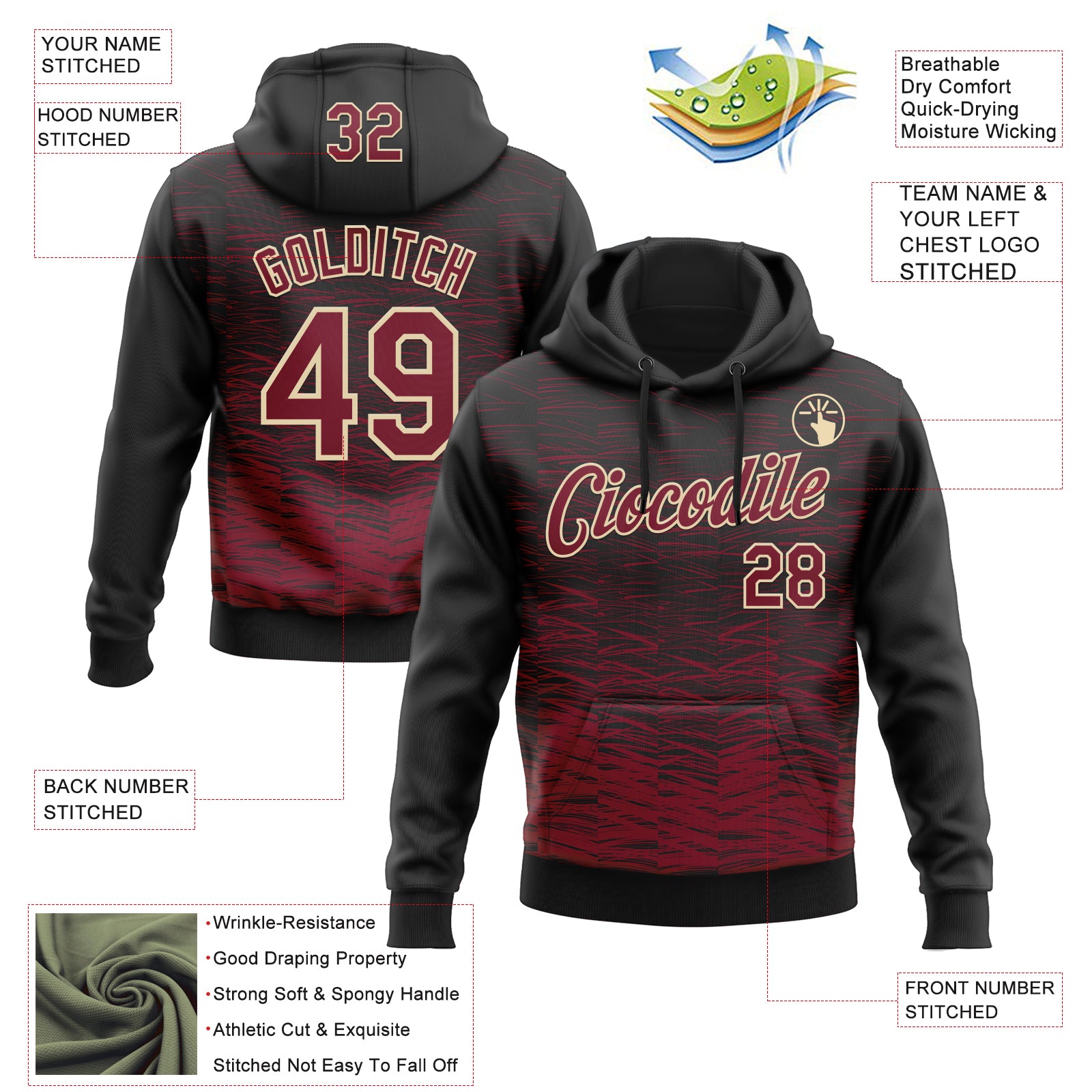 Custom Stitched Black Crimson-Cream Line Sports Pullover Sweatshirt Hoodie