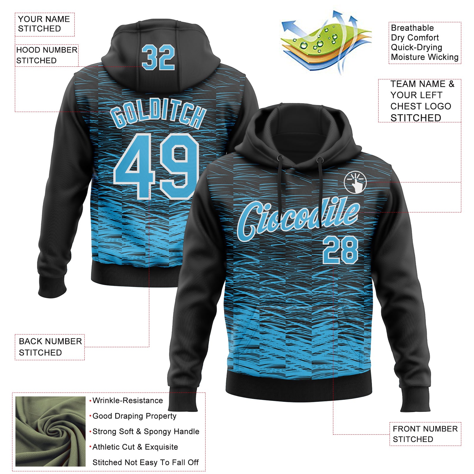 Custom Stitched Black Sky Blue-White Line Sports Pullover Sweatshirt Hoodie
