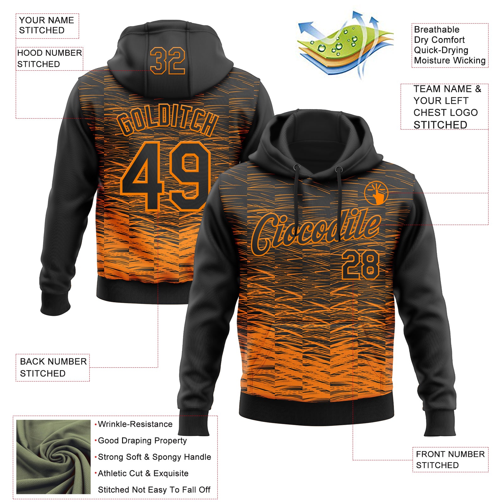 Custom Stitched Black Bay Orange Line Sports Pullover Sweatshirt Hoodie