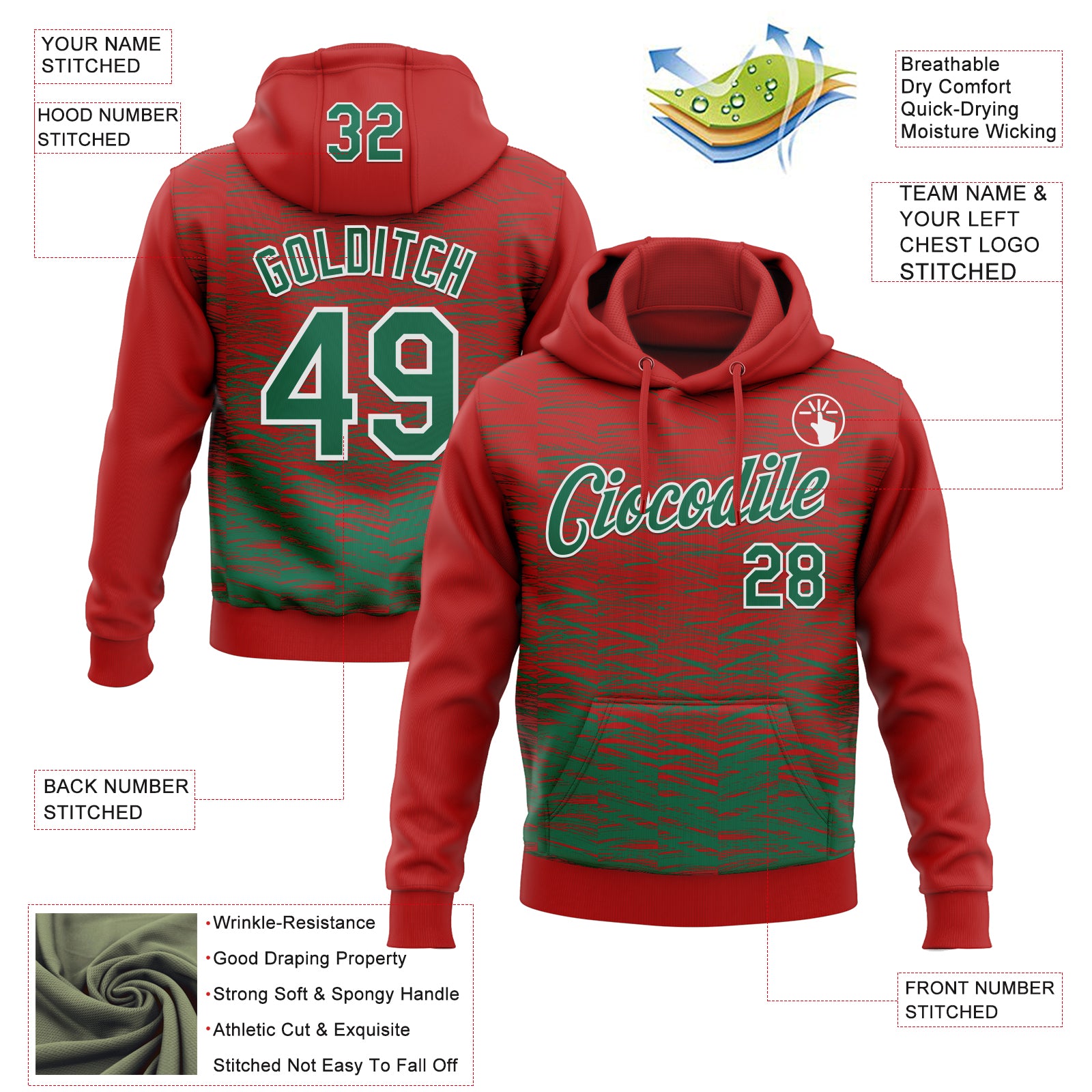 Custom Stitched Red Kelly Green-White Line Sports Pullover Sweatshirt Hoodie