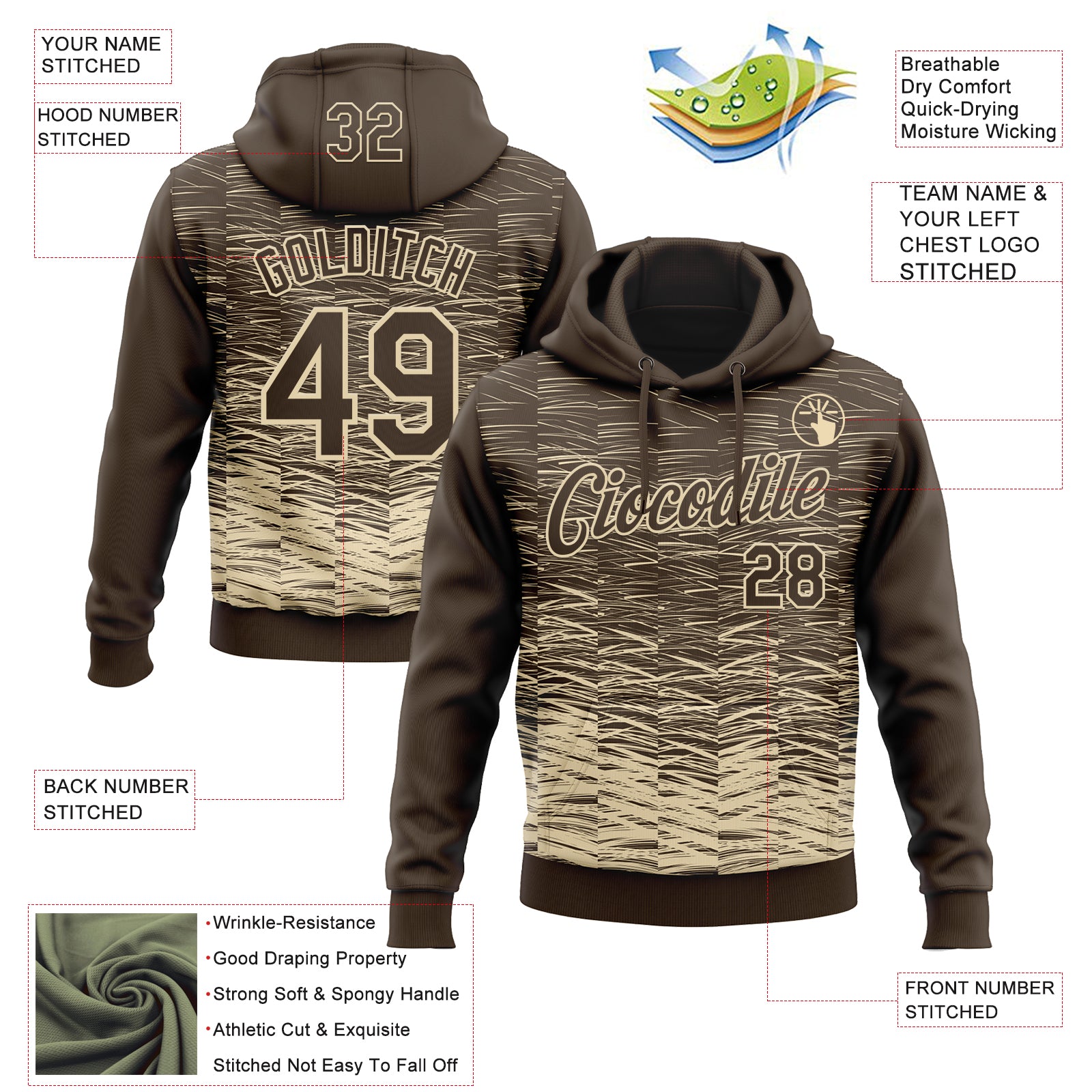 Custom Stitched Brown Cream Line Sports Pullover Sweatshirt Hoodie