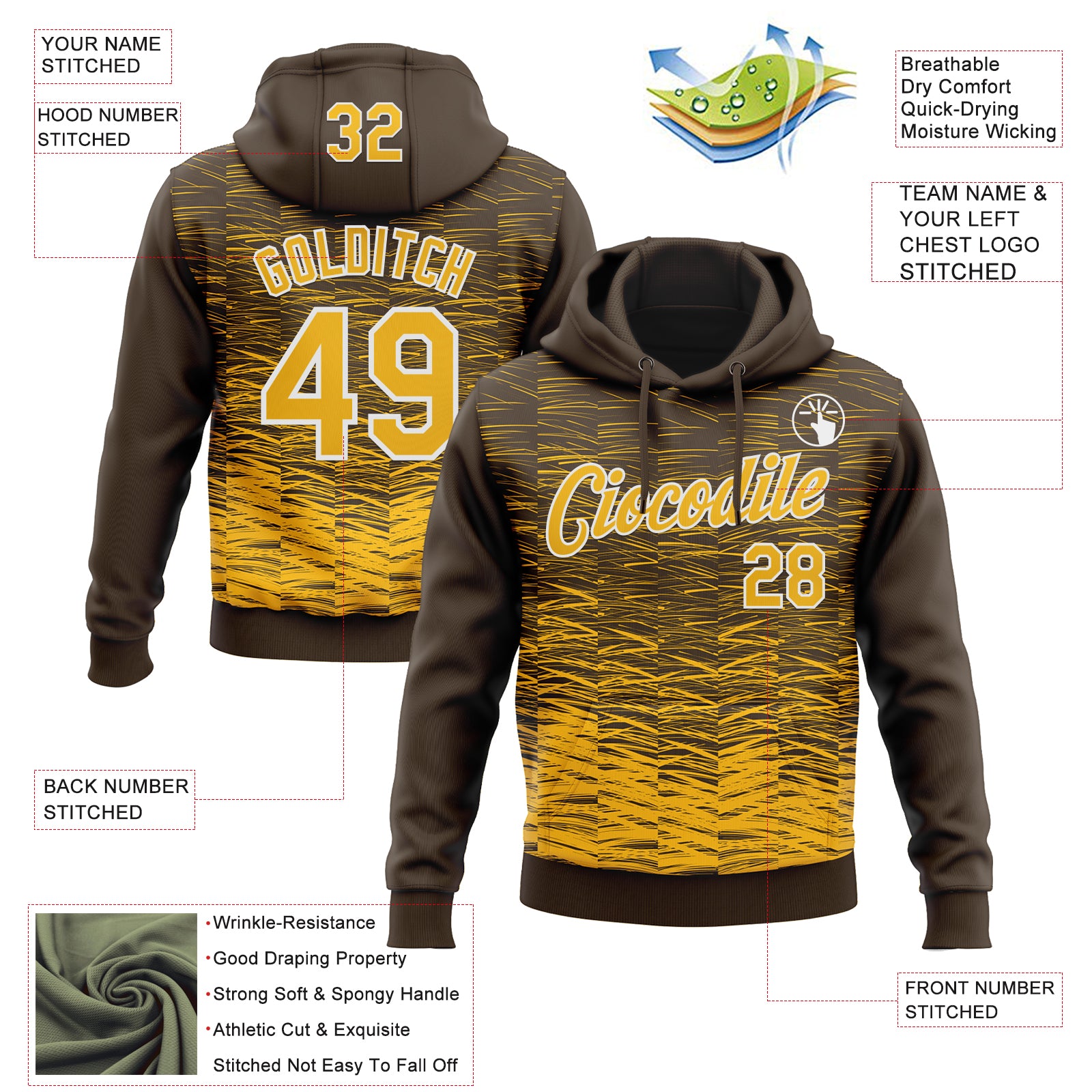 Custom Stitched Brown Gold-White Line Sports Pullover Sweatshirt Hoodie