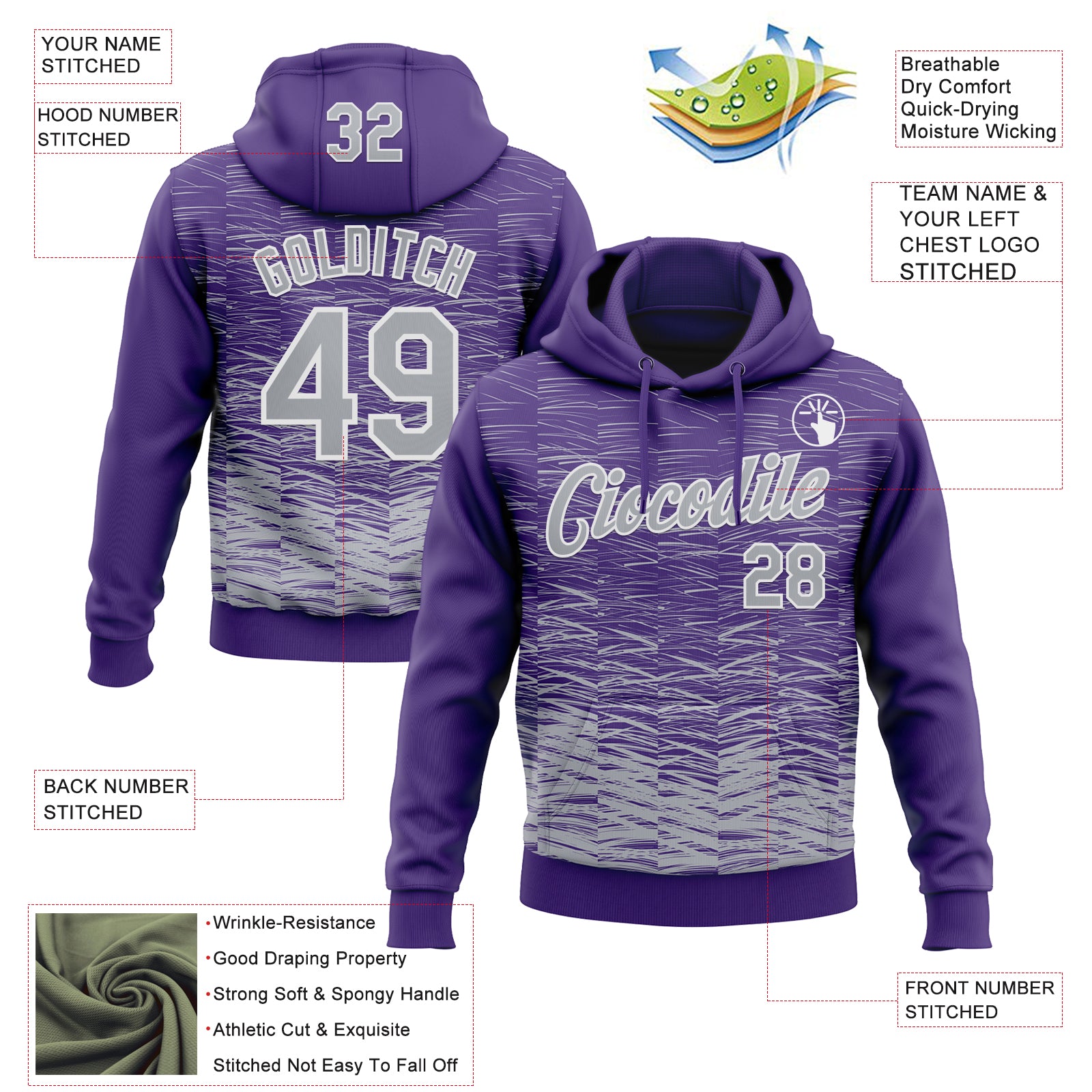 Custom Stitched Purple Gray-White Line Sports Pullover Sweatshirt Hoodie
