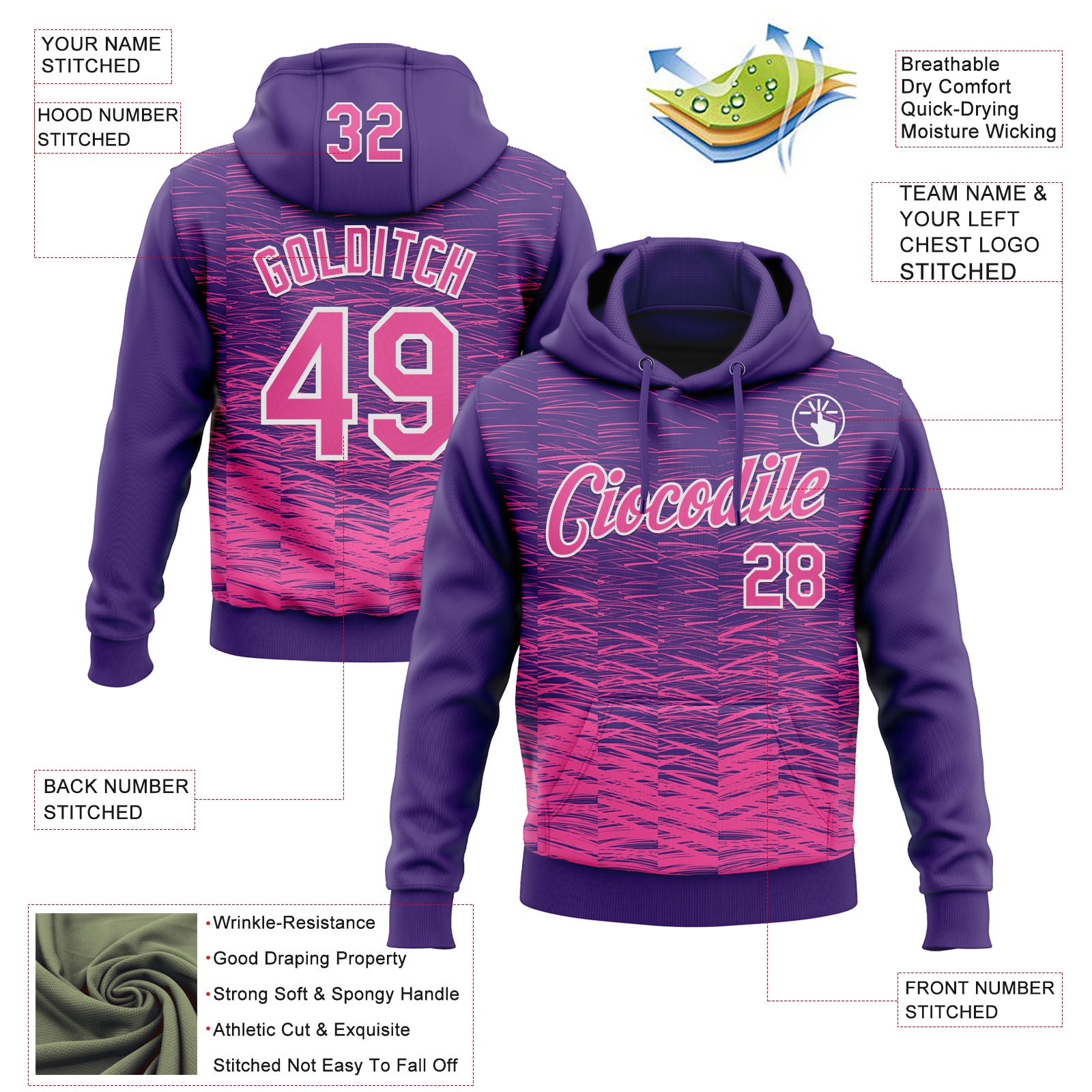 Custom Stitched Purple Pink-White Line Sports Pullover Sweatshirt Hoodie