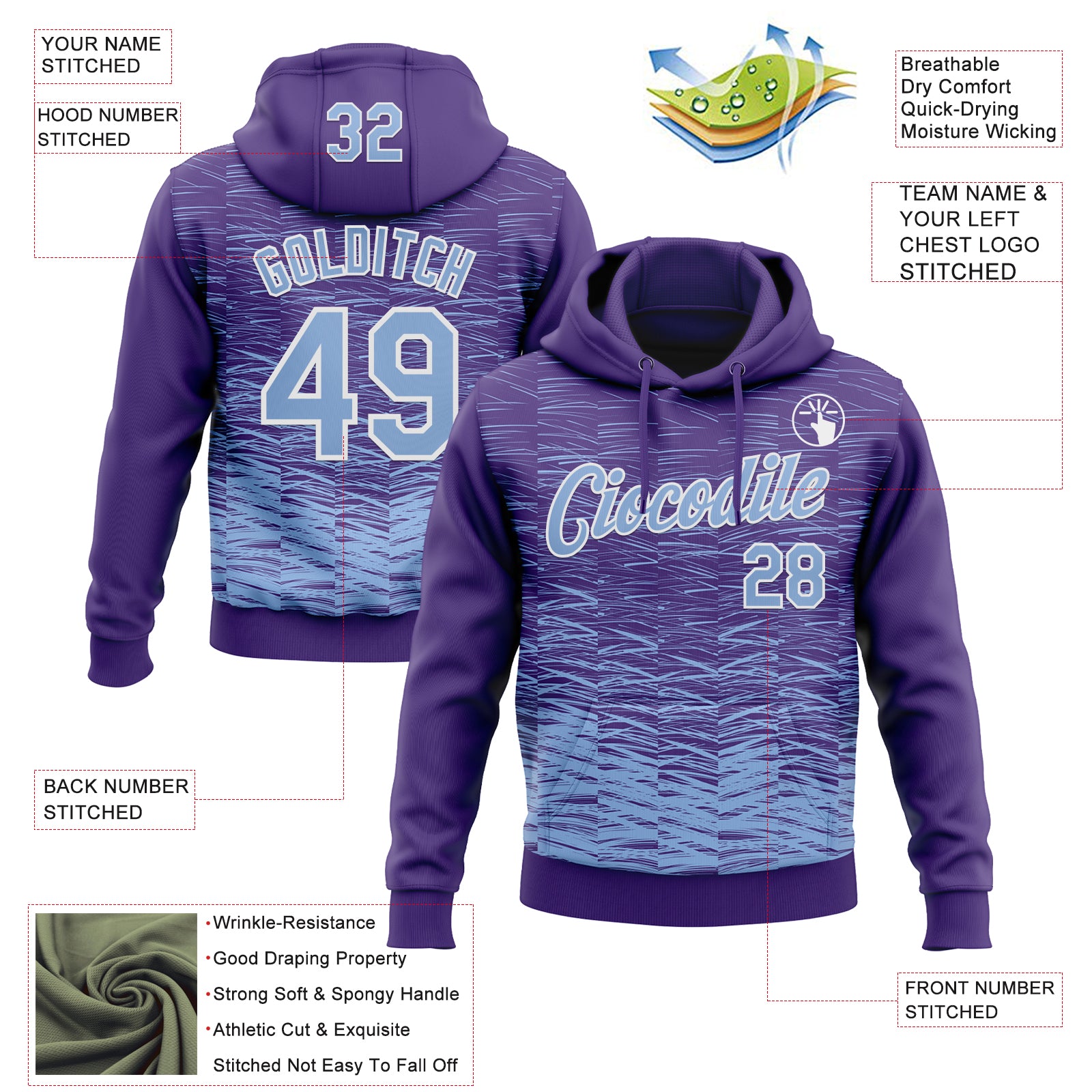 Custom Stitched Purple Light Blue-White Line Sports Pullover Sweatshirt Hoodie
