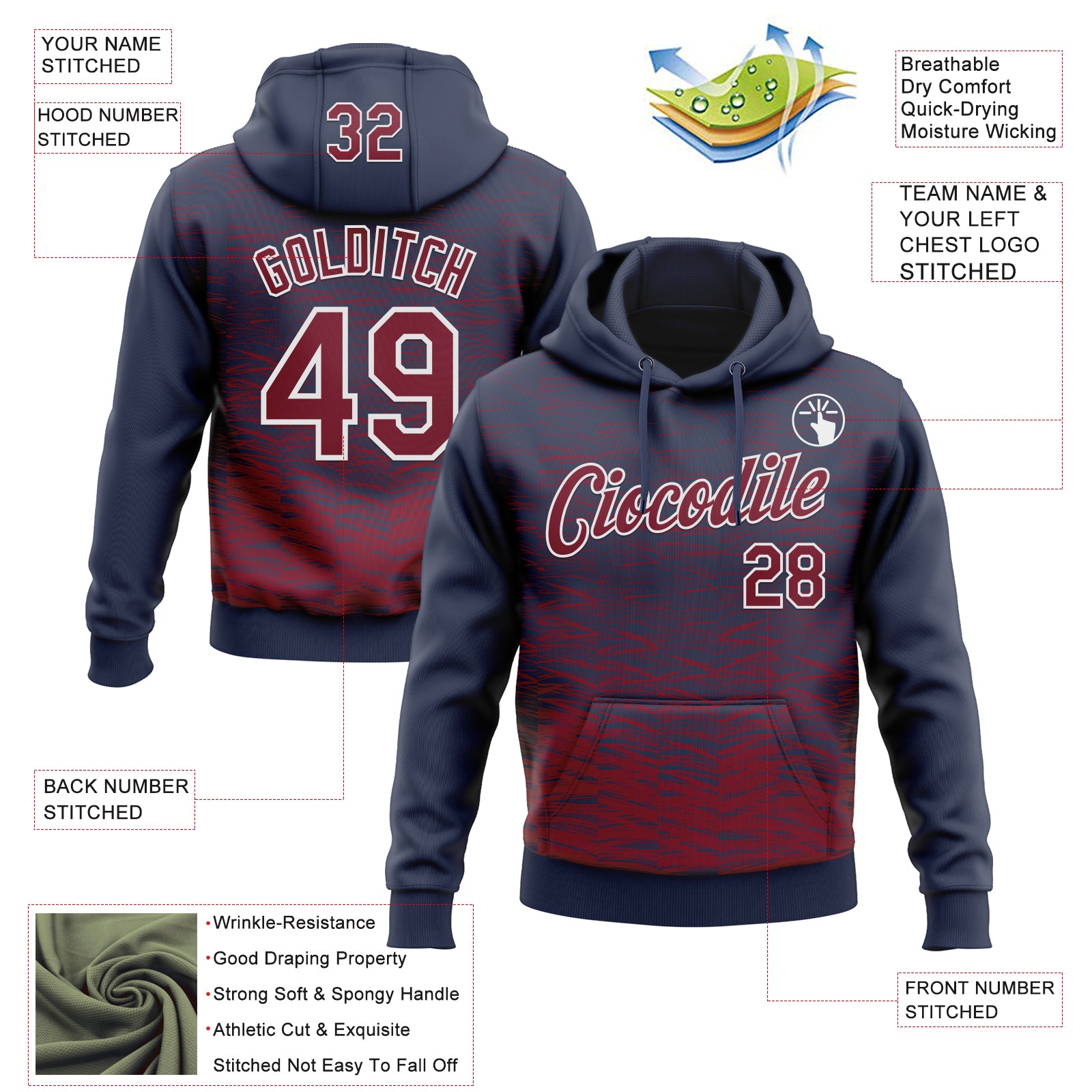 Custom Stitched Navy Crimson-White Line Sports Pullover Sweatshirt Hoodie