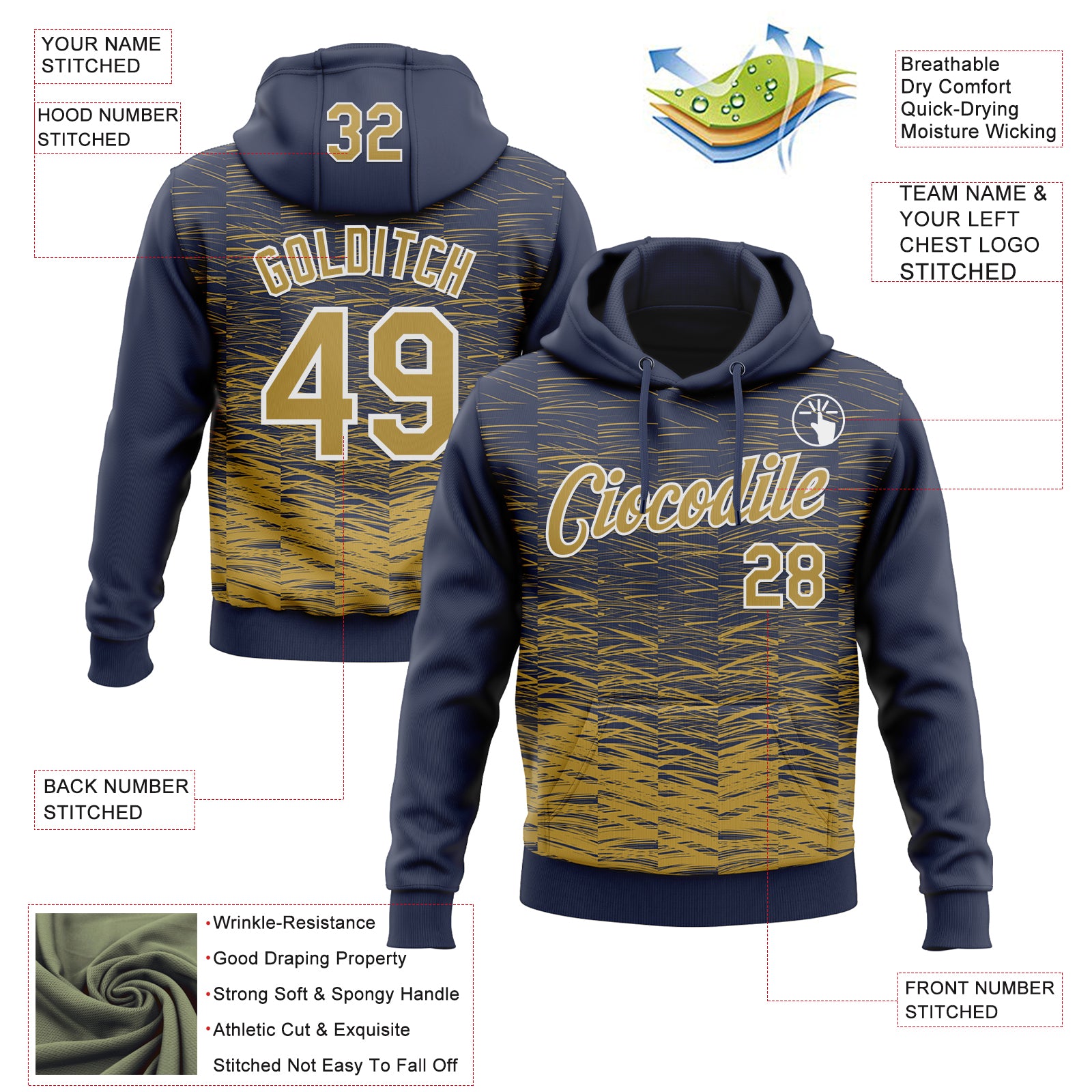 Custom Stitched Navy Old Gold-White Line Sports Pullover Sweatshirt Hoodie