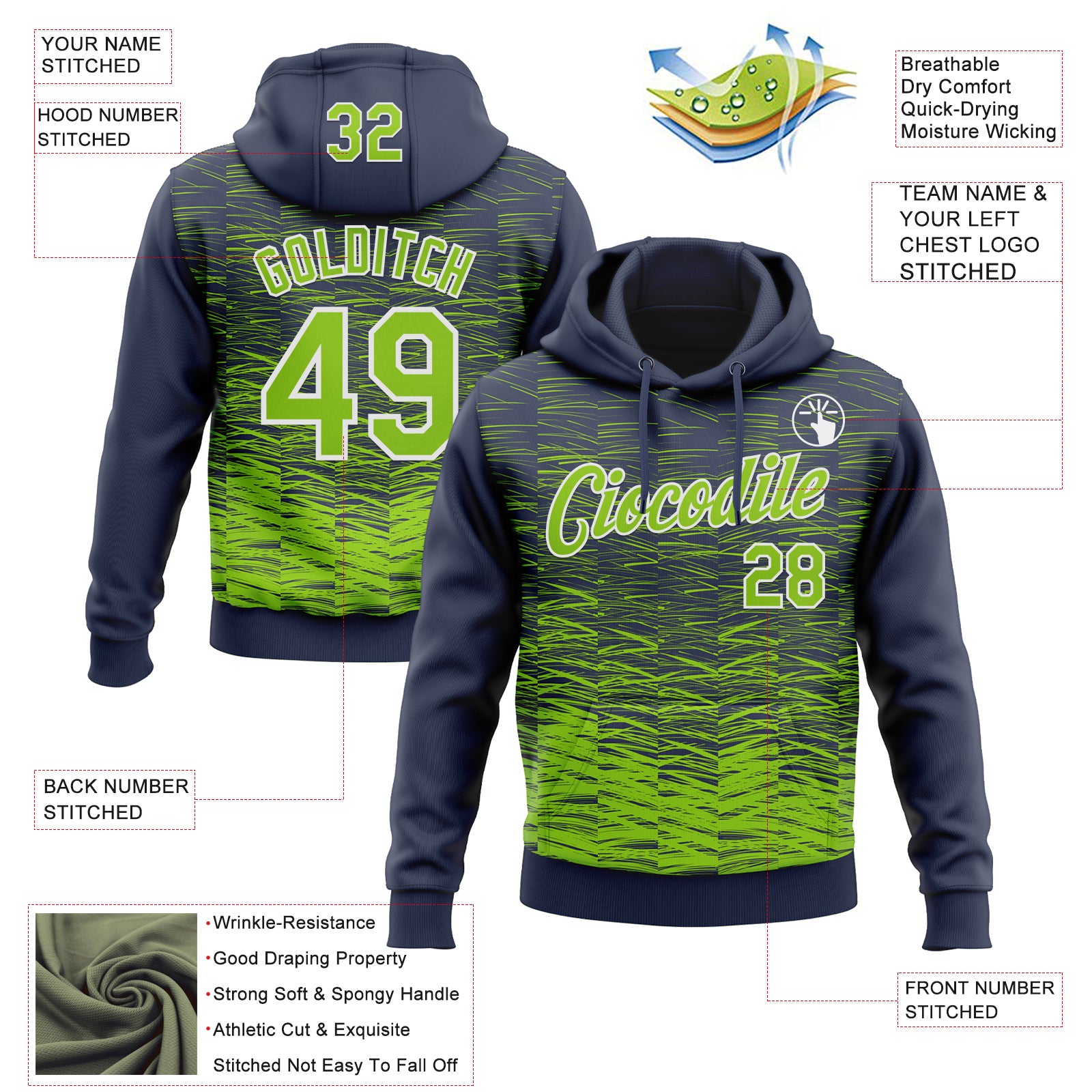 Custom Stitched Navy Neon Green-White Line Sports Pullover Sweatshirt Hoodie