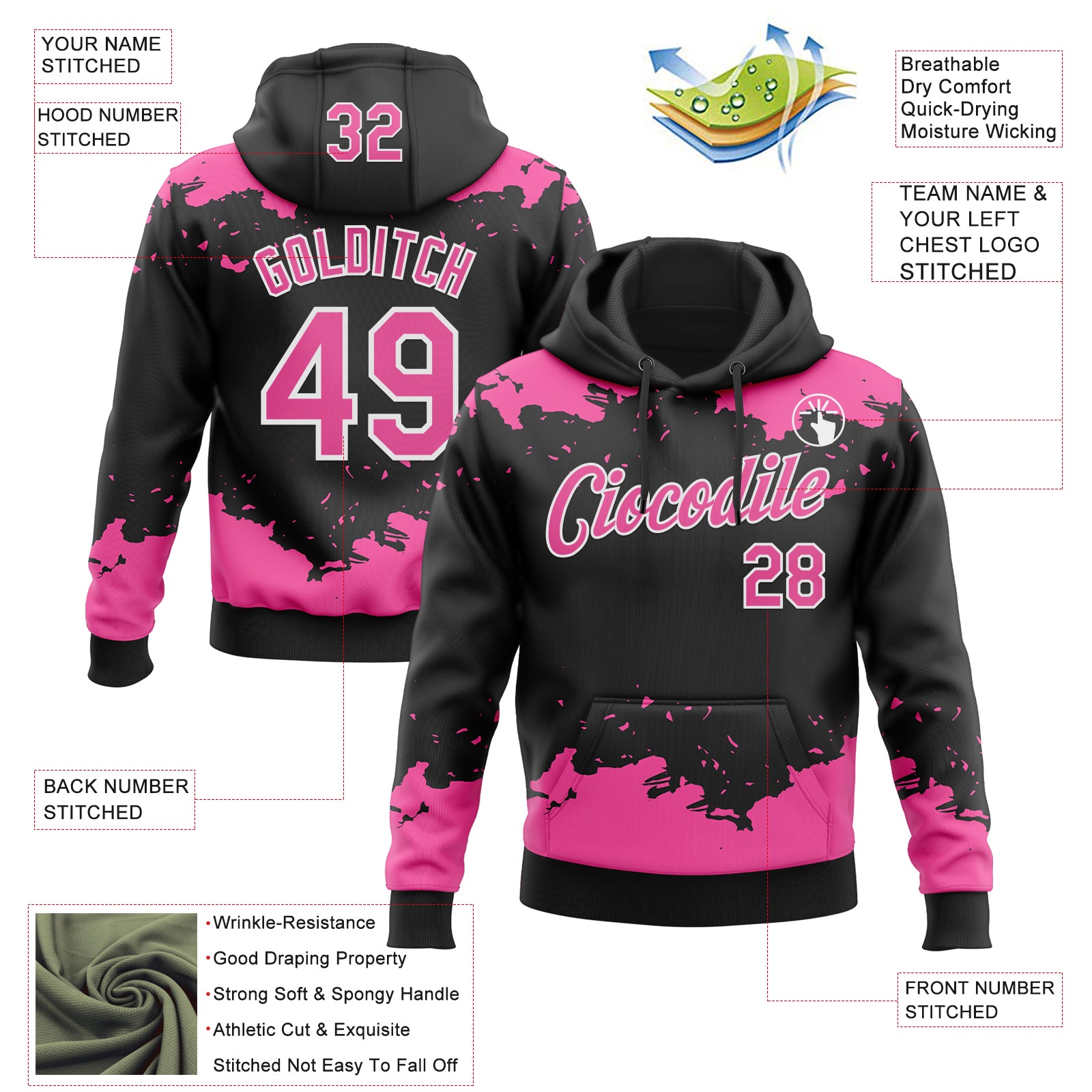 Custom Stitched Black Pink-White Fragment Pattern Sports Pullover Sweatshirt Hoodie