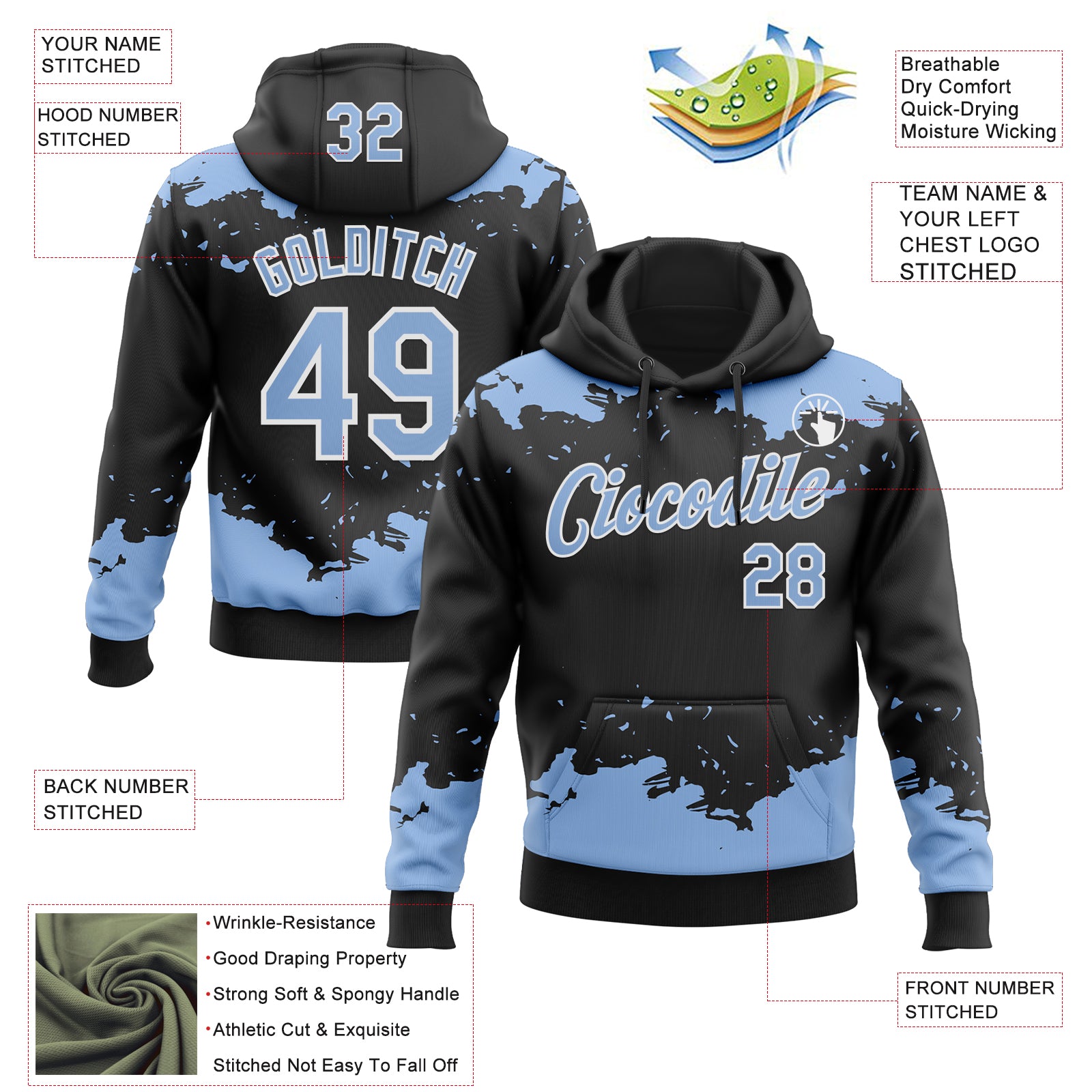 Custom Stitched Black Light Blue-White Fragment Pattern Sports Pullover Sweatshirt Hoodie