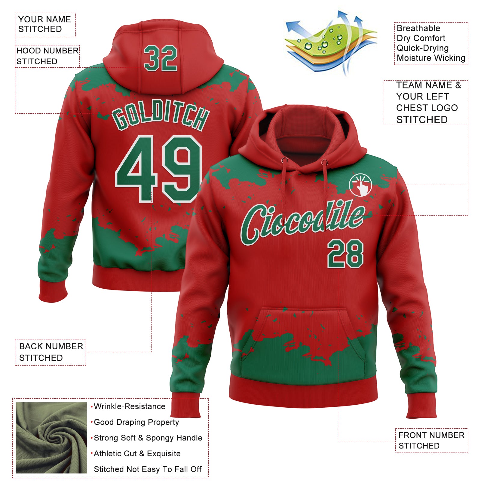 Custom Stitched Red Kelly Green-White Fragment Pattern Sports Pullover Sweatshirt Hoodie