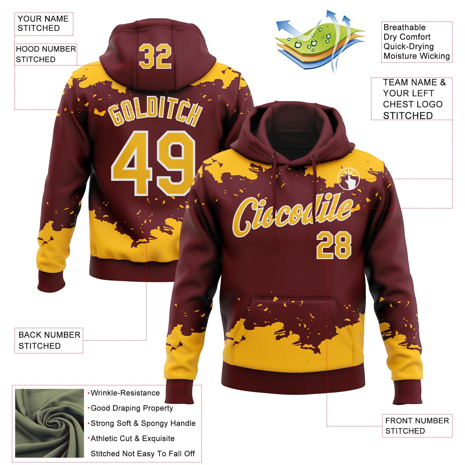 Custom Stitched Burgundy Gold-White Fragment Pattern Sports Pullover Sweatshirt Hoodie