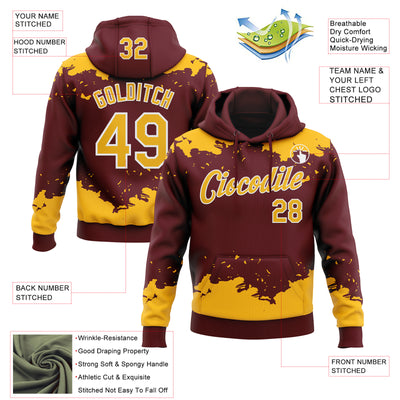 Custom Stitched Burgundy Gold-White Fragment Pattern Sports Pullover Sweatshirt Hoodie