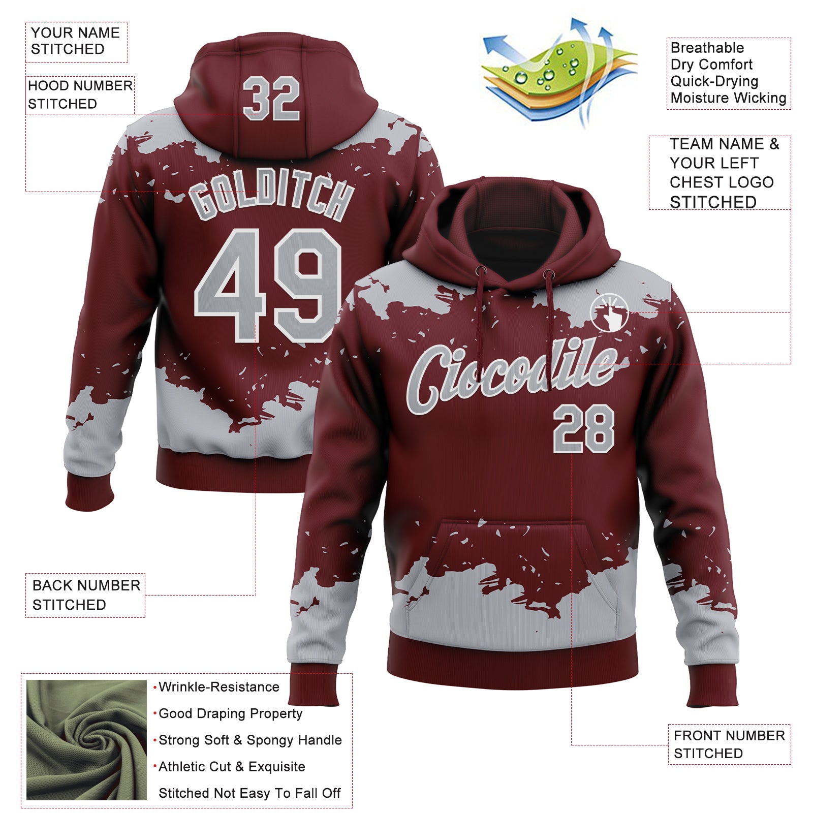 Custom Stitched Burgundy Gray-White Fragment Pattern Sports Pullover Sweatshirt Hoodie