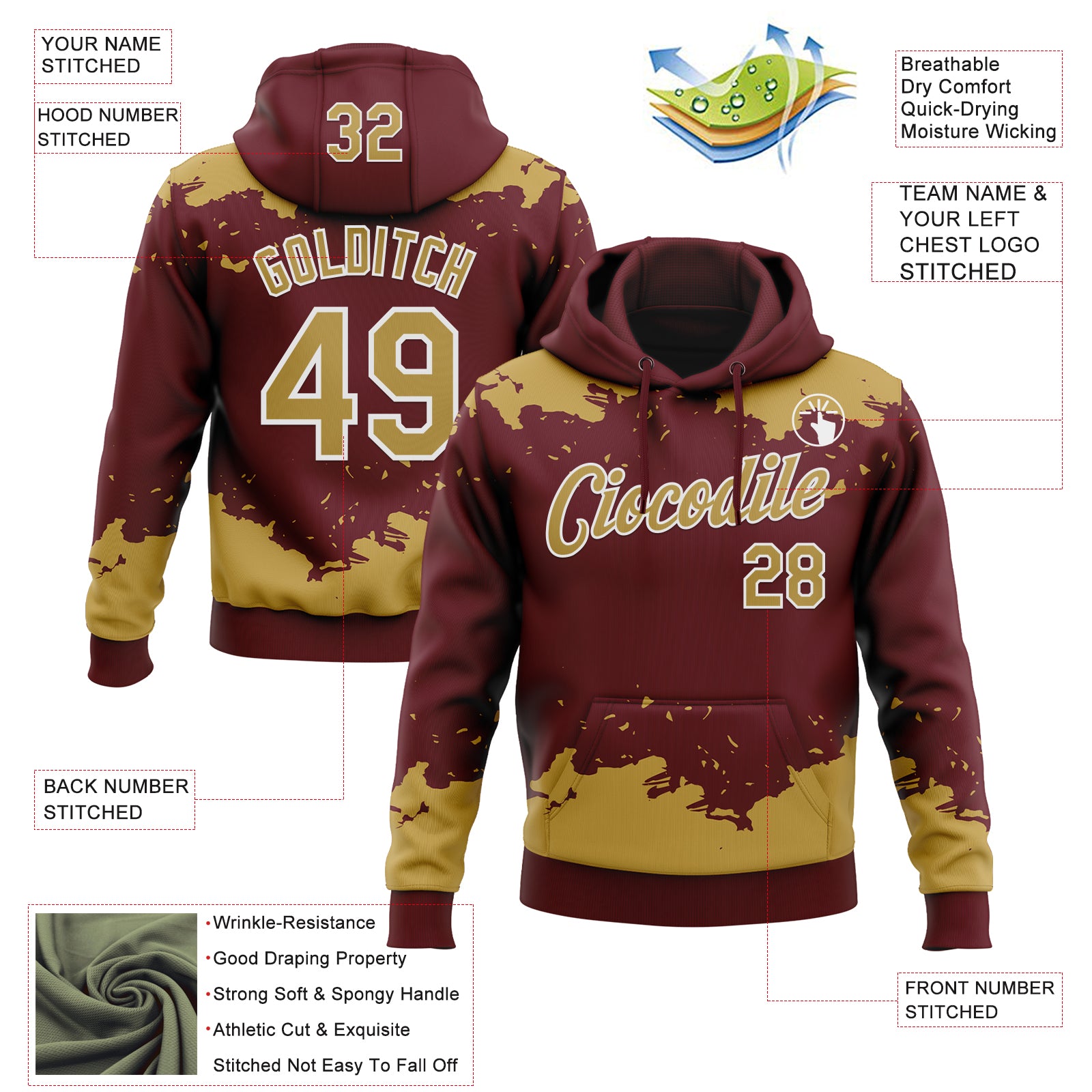 Custom Stitched Burgundy Old Gold-White Fragment Pattern Sports Pullover Sweatshirt Hoodie