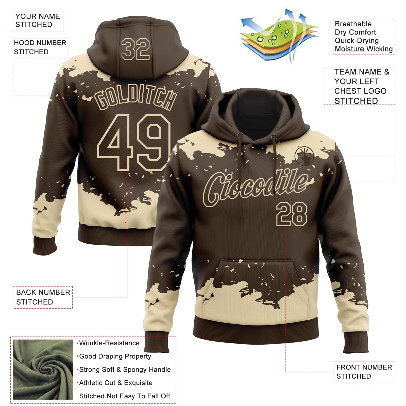 Custom Stitched Brown Cream Fragment Pattern Sports Pullover Sweatshirt Hoodie