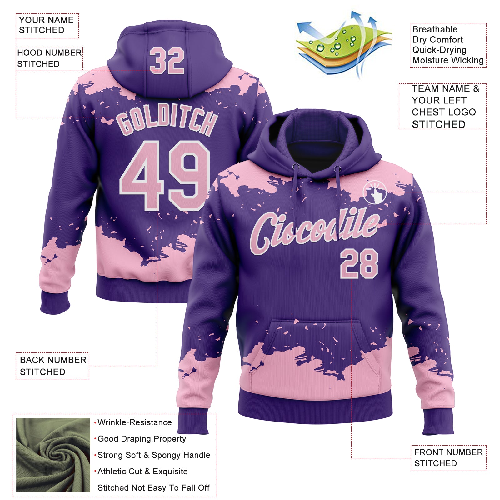 Custom Stitched Purple Light Pink-White Fragment Pattern Sports Pullover Sweatshirt Hoodie