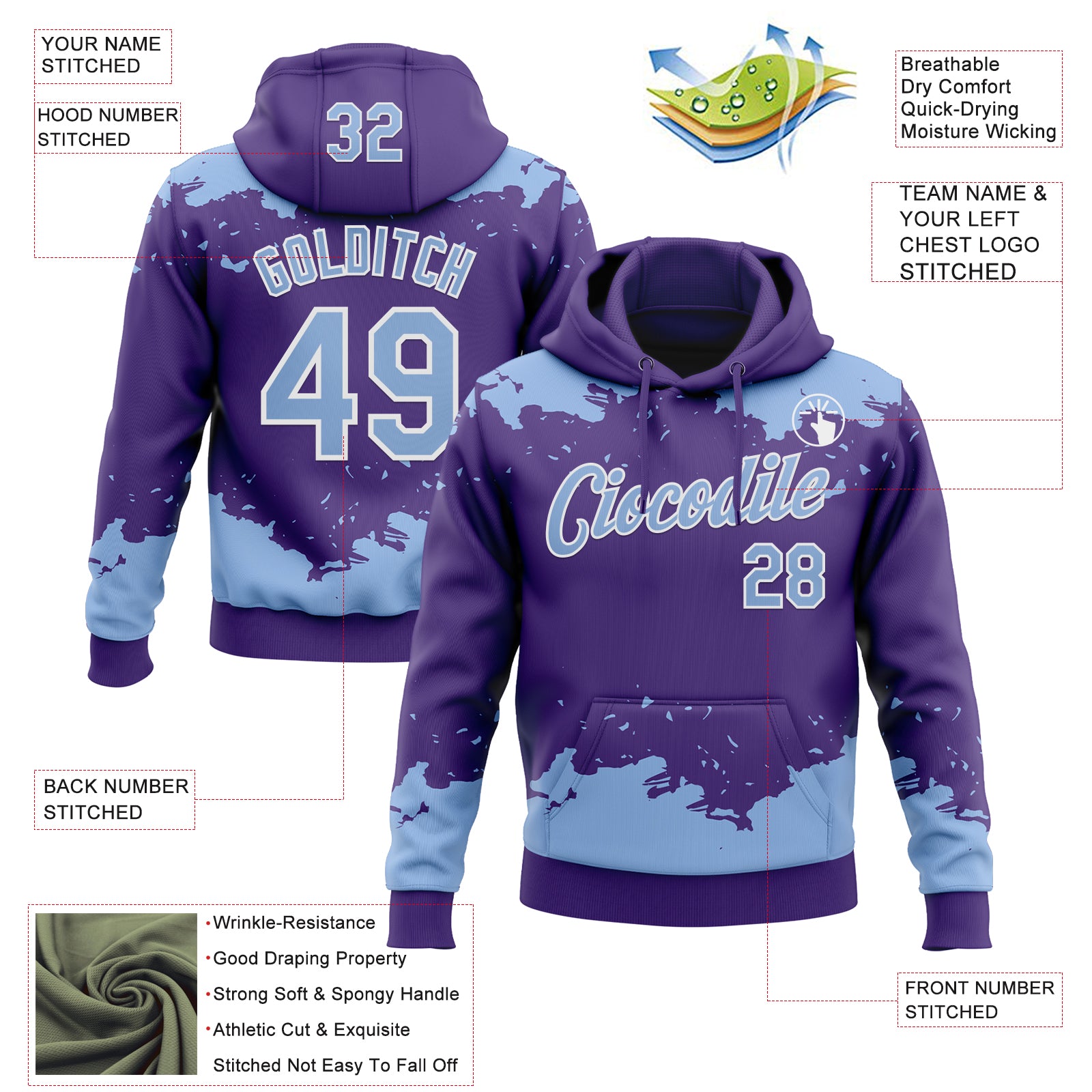 Custom Stitched Purple Light Blue-White Fragment Pattern Sports Pullover Sweatshirt Hoodie