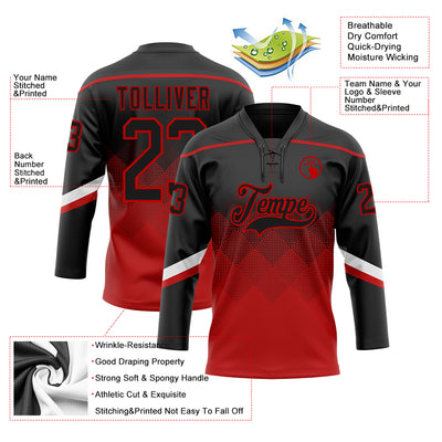 Custom Black Red 3D Pattern Gradient Square Shapes Hockey Lace Neck Jersey