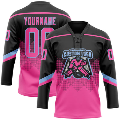 Custom Black Pink-Light Blue 3D Pattern Gradient Square Shapes Hockey Lace Neck Jersey