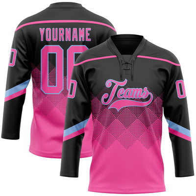 Custom Black Pink-Light Blue 3D Pattern Gradient Square Shapes Hockey Lace Neck Jersey