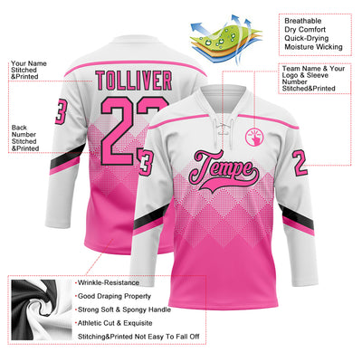 Custom Black Pink-Black 3D Pattern Gradient Square Shapes Hockey Lace Neck Jersey