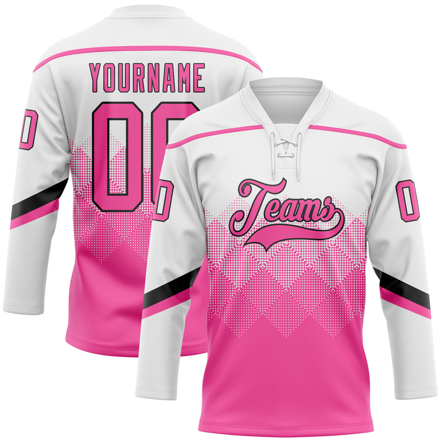 Custom Black Pink-Black 3D Pattern Gradient Square Shapes Hockey Lace Neck Jersey