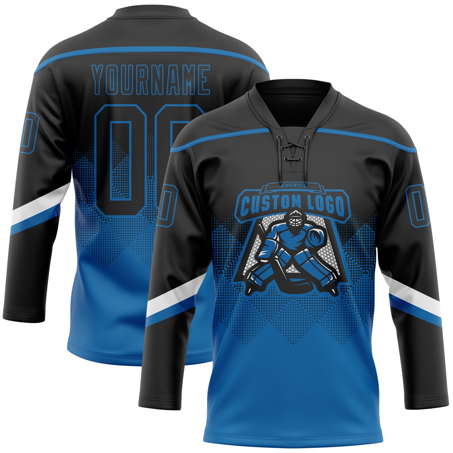 Custom Black Blue-White 3D Pattern Gradient Square Shapes Hockey Lace Neck Jersey