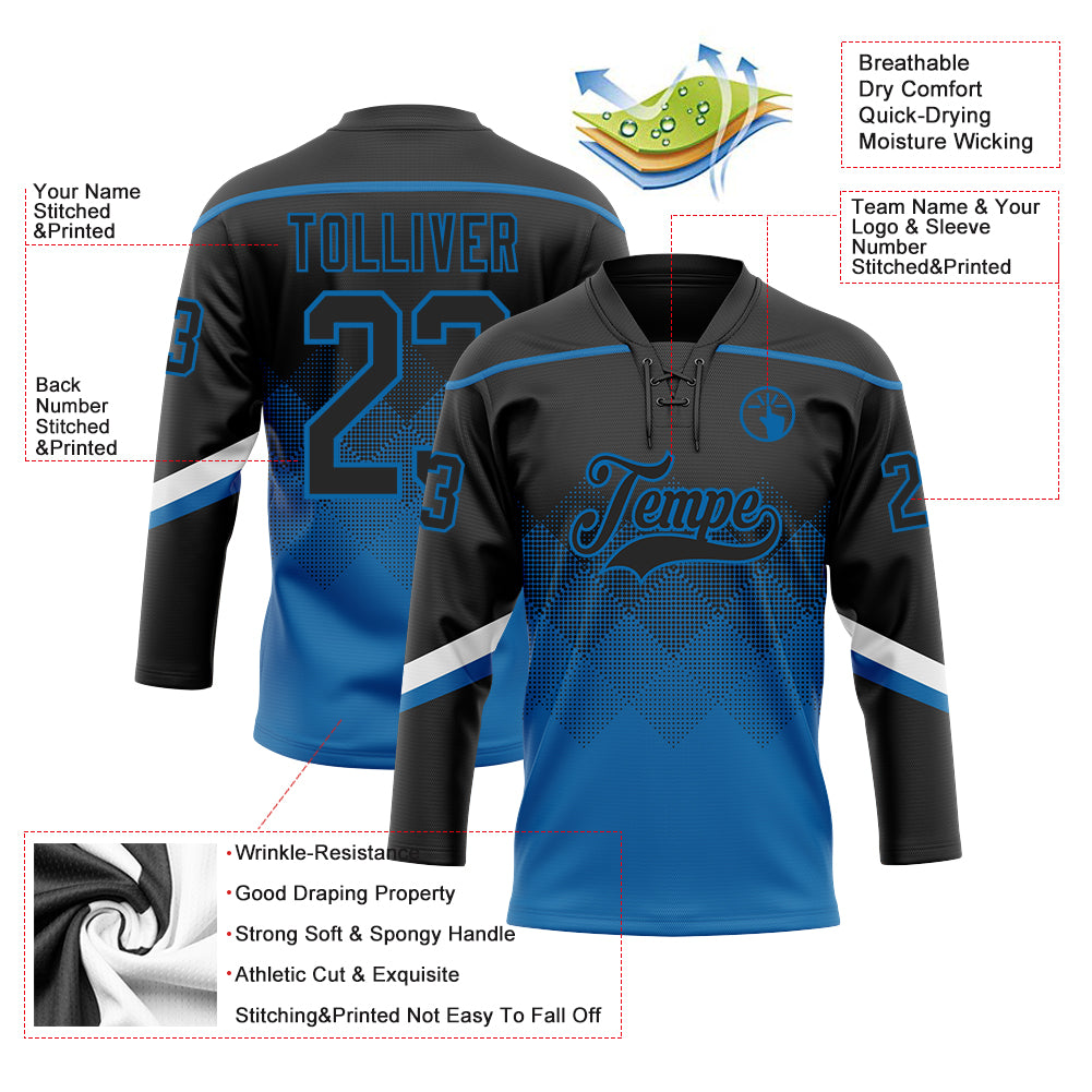 Custom Black Blue-White 3D Pattern Gradient Square Shapes Hockey Lace Neck Jersey