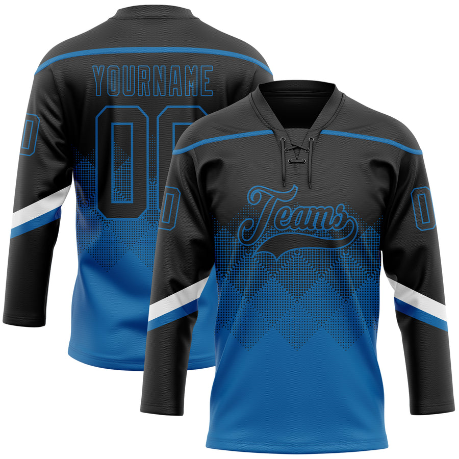 Custom Black Blue-White 3D Pattern Gradient Square Shapes Hockey Lace Neck Jersey